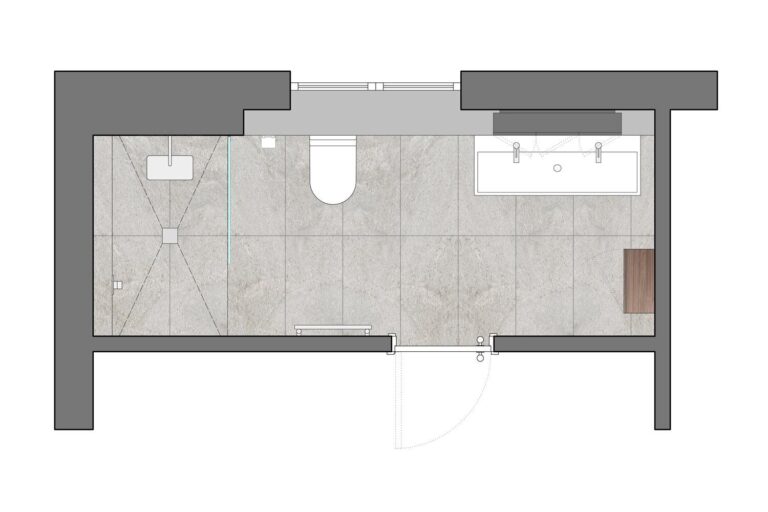 Modern Bathroom Layout With Walk In Shower And Floating Vanity